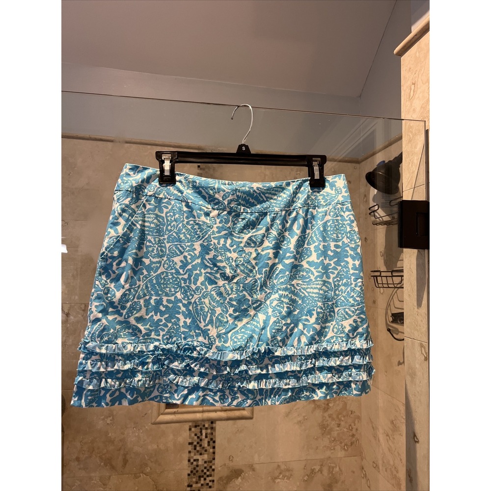 Lilly Pulitzer Women Blue White Hermit Crab Shell Coral Ruffle Skort Size 2